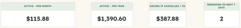Subscriptions: $115.88 a month, $1,390.60 a year, $387.88 saved if cancelled